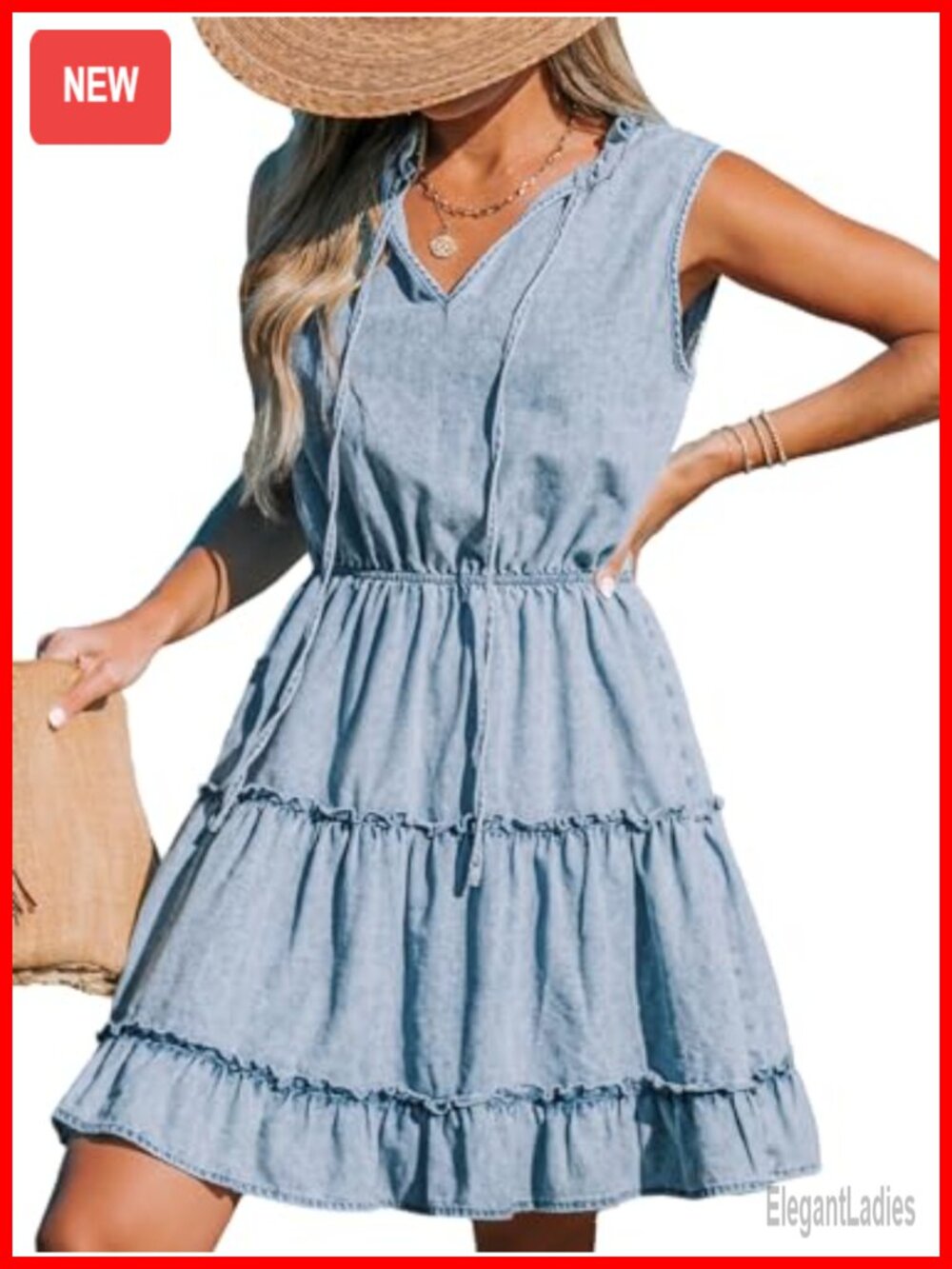 Split V Neck Ruffled Sleeveless Denim Tiered Mini Dress